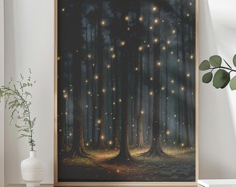 Firefly Forest Framed Canvas Poster, Magical Forest Print, Forest Scene Decor, Rustic Home Gift, Moody Botanical Art,Premium Home Decor Gift