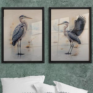 Blue Heron Canvas Wall Art Set Of 2, Framed Blue Bird Prints, Bedroom Decor, Living Room Wallart, Nature Prints, Bird Lovers Gift, Mom Gift