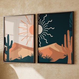 Eupfora Tag und Nacht abstrakte Szene Leinwand Wand Kunst 2er Set, minimale Leinwand Druck, Naturholz gerahmte Leinwand, Wohnzimmer Landschaftsszene