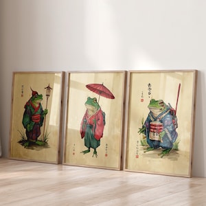 Set of 3 Japanese Frogs Framed Canvas Prints, Frog Posters Gift, Edo Era Wall Art, Japanese Fine Art Print, Modern Japan Art, Gift For Her
