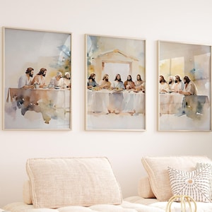 Set di 3 poster su tela con acquerello dell'Ultima Cena di Eufora, stampa di un cartello di fede cristiana, dipinto a olio rinascimentale della Bibbia, arte astratta minimalista