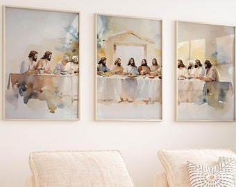 Eupfora Last Supper Watercolor Canvas Poster Set of 3, Christian Faith Sign Print, Bible Renaissance Oil Painting, Minimalist Abstract Art