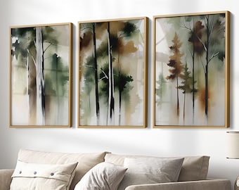 Eupfora Forest Scene Oil Painting Canvas Wall Art, Wispy Pine Tree Abstract Poster Set of 3, Premium Wood Frame, Forest Autumn Landscape Art