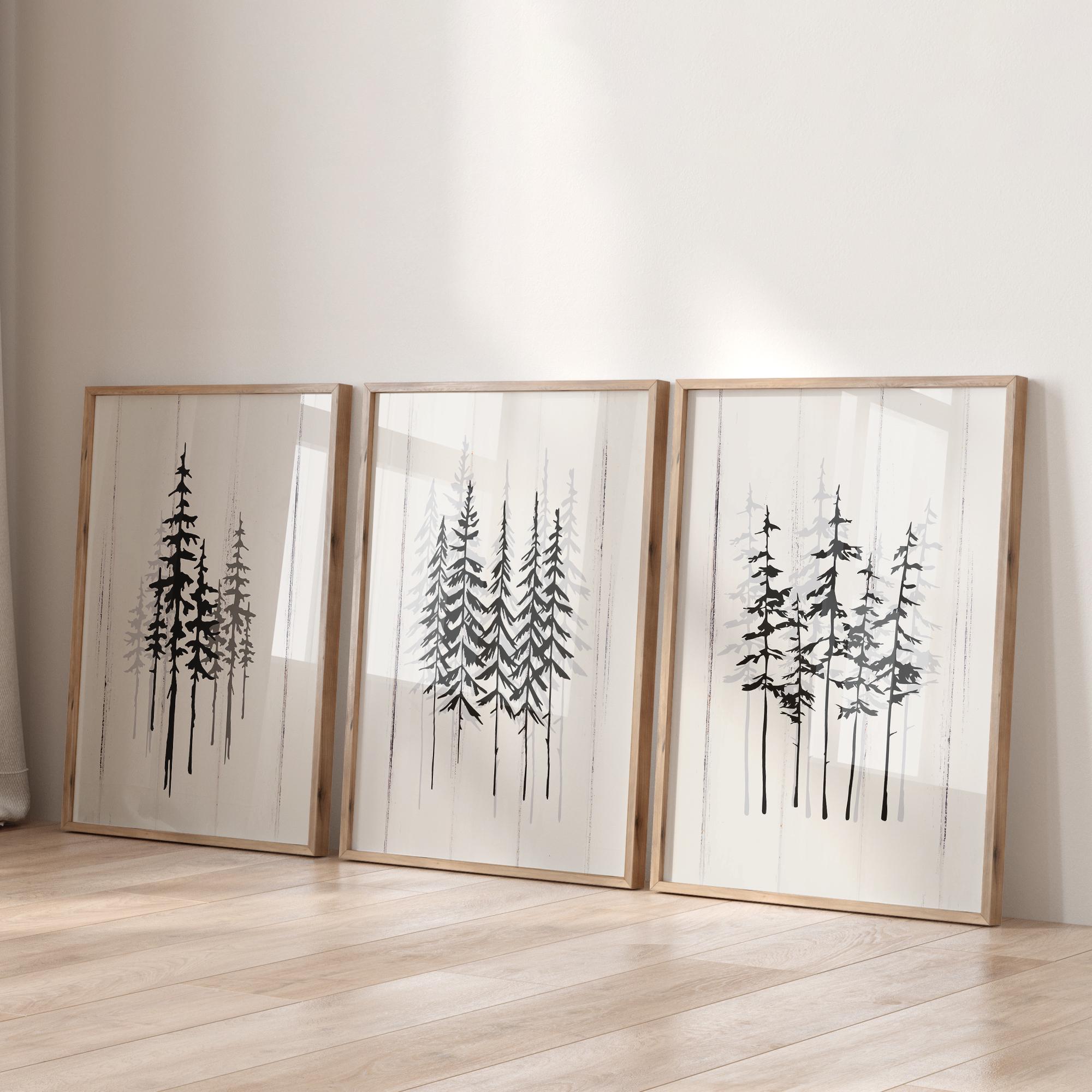 Minimal Pine Tree Sketch Canvas Wall Art Set of 3, Pine Tree Forest Print, Nature Art Gift, Farmhouse Decor, New Home Gift, Rustic Home Deco