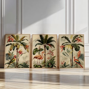 Quadro su tela con uccelli tropicali e palme, poster con illustrazione di fenicotteri rosa, dipinto con cornice in stile retrò, decorazione da parete boho, regalo per la decorazione del soggiorno.