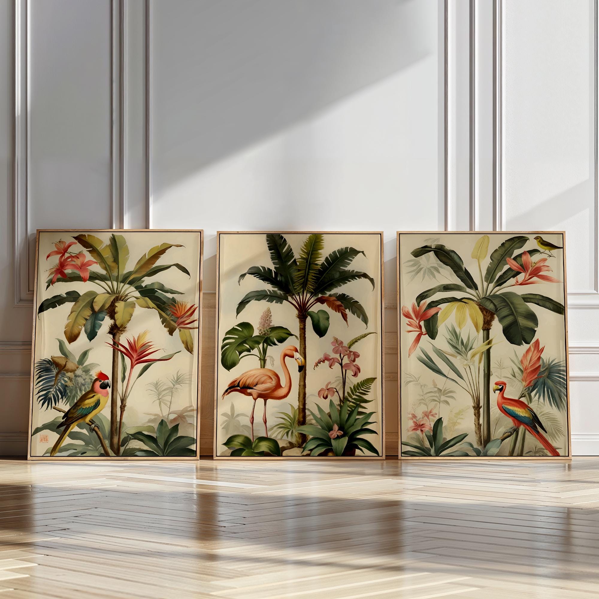 Tropical Birds Palm Trees Canvas Wall Art, Pink Flamingos Illustration Poster, Retro Art Framed Painting,Boho Wall Art,Livingroom Decor Gift
