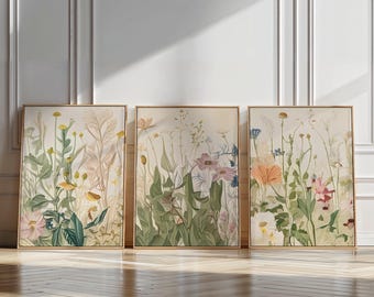 Eupfora Wildflower Framed Canvas Wall Art Set of 3, Modern Floral Painting, Boho Wall Decor, Botanical Wall Art, Unique Canvas Home Decor