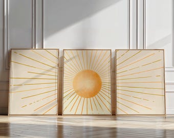 Tryptic Sunshine Canvas Wall Art, Sun w/ Rays Framed Art, Sun Lights Poster, Boho Decor, Modern Home Artwork, Sun Decor Gift,Gallery Wallart