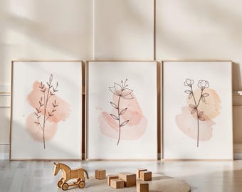 Minimalist Pink Flowers Canvas Wall Art Set of 3, Framed Canvas Decor, Abstract Watercolor Floral Poster, 3 Pcs Flowers Line Art, Boho Home