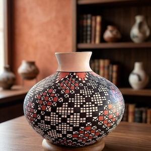 Puede incluir: Un jarrón de cerámica redondo con cuello estrecho y borde beige claro. El cuerpo presenta un patrón geométrico de cuadrados y cruces en negro, blanco y rojo terracota. El jarrón descansa sobre una base de madera circular con diseño.