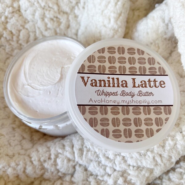 Latte à la vanille | Beurre pour le corps fouetté, café, soins personnels, bas de Noël, cadeau, Noël, vacances, coffret cadeau, sucré, sucre, vanille, aloès