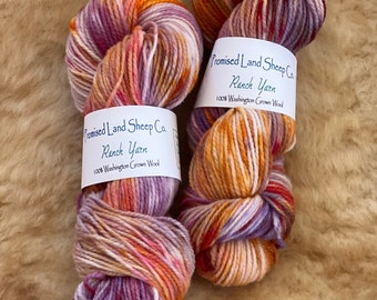Ranch Yarn!  Hand Dyed Wool Yarn! A Blend of Rambouillet & Corriedale.  Professionally spun by Zeilinger Wool Co.  Boysenberry, Gold, Cherry