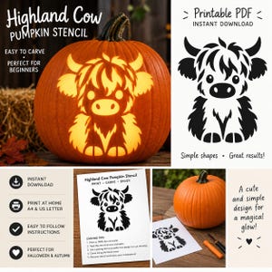 May include: A Highland Cow pumpkin stencil digital file featuring a black and white graphic of a shaggy cow. The image displays a carved orange pumpkin with the cow design, a printable PDF sheet, and instructions for carving a pumpkin.