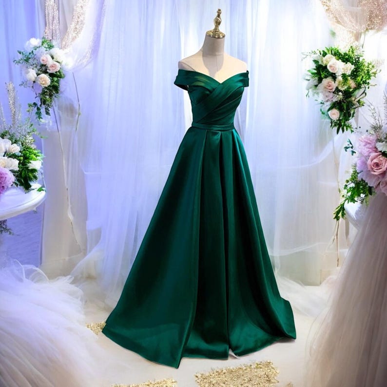 Offshoulder Green Satin Evening Gown, Floorlength Prom Dress, Fairy