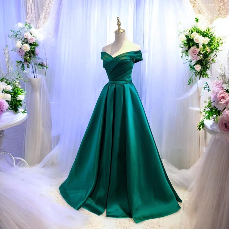 Offshoulder Green Satin Evening Gown, Floorlength Prom Dress, Fairy