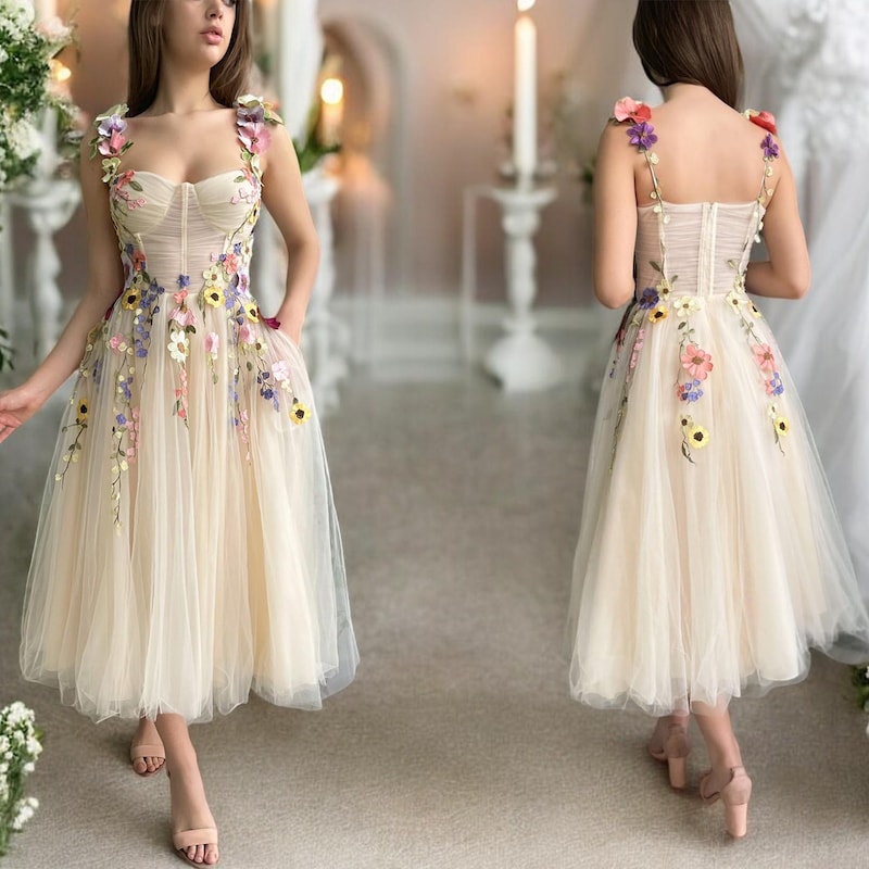 Long dress with floral embroidery