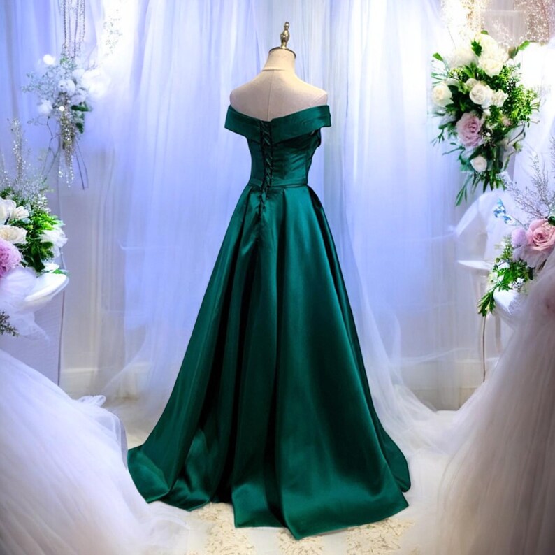 Offshoulder Green Satin Evening Gown, Floorlength Prom Dress, Fairy