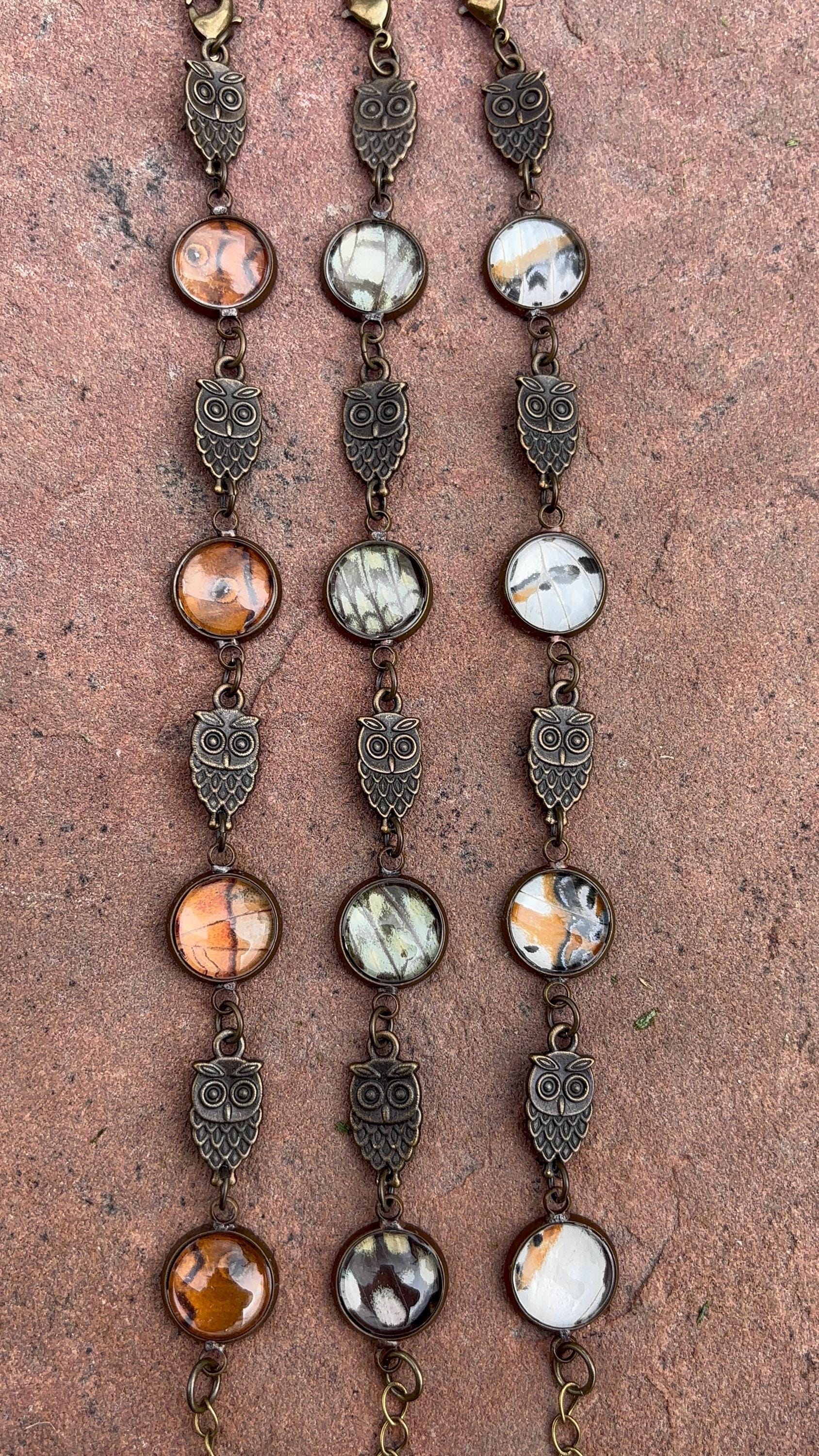 Real Butterfly Wing Bracelet | Brass Owl Charm Bracelet | Genuine Butterfly Wing Jewelry | Nature Lo