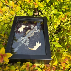 May include: A framed art piece featuring a detailed depiction of a lizard and two leaf-like objects. The artwork is set against a dark background within a black frame. The frame is positioned amidst vibrant green and yellow foliage.