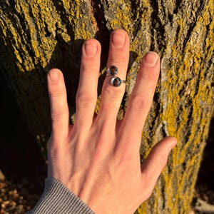 May include: A silver-toned ring with two circular, dark-colored stones. The ring is worn on a hand, with the background featuring a textured tree trunk with yellow and green lichen.
