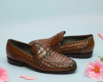 Men’s Woven Leather Penny Loafers – Handmade Brown Dress Shoes, Slip On Formal & Casual Shoes