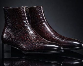 Handgefertigte Krokodil-Muster Leder Stiefeletten - dunkelbraune Reißverschluss-Stiefel