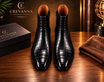 Black Crocodile Embossed Leather Ankle Boots, Men’s Side Zip Dress Footwear