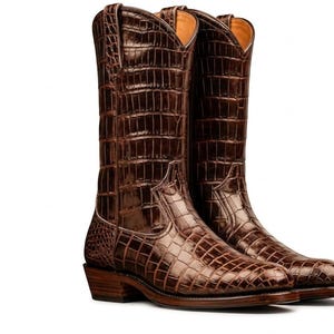 Brown Croc Embossed Leather Cowboy Boots for Men, Handmade Western Ranch Rodeo Style