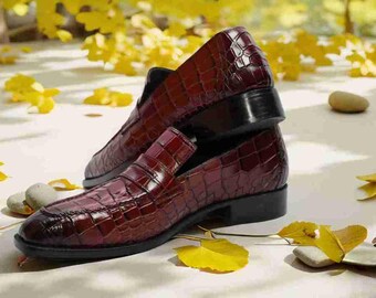 Handmade Maroon Crocodile Leather Loafers | Men's Formal Dress Shoes