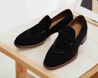 Handmade Black Suede Tassel Loafers, Genuine Leather Dress Shoes