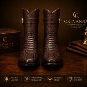 Handmade Men's Brown Leather Western Cowboy Boots Python Texture Mid-Calf Boots