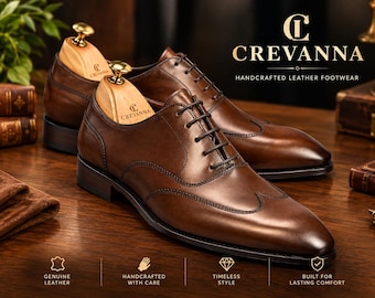 Handmade Brown Leather Oxford Shoes | Genuine Leather Wingtip Dress Shoes (Wedding, Business)