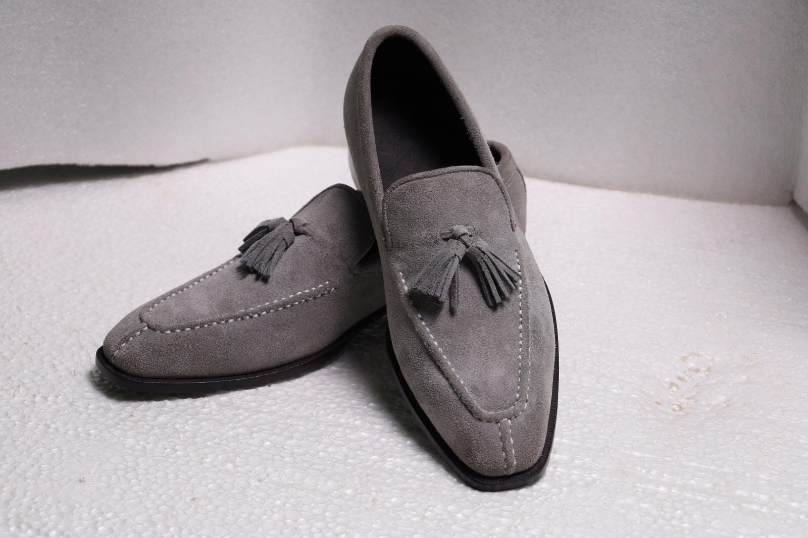 Handmade Grey Suede Tassel Loafers | Men display picture 3