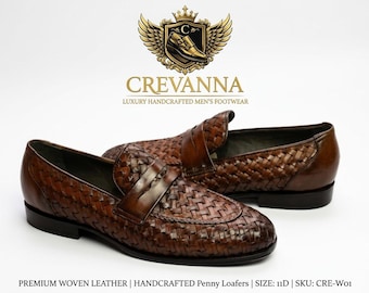 May include: A pair of brown woven leather penny loafers with a low heel and a smooth leather strap across the vamp. The image includes the Crevanna logo, the text "LUXURY HANDCRAFTED MEN'S FOOTWEAR", and "PREMIUM WOVEN LEATHER | HANDCRAFTED Penny Loafers | SIZE: 11D | SKU: CRE-W01".