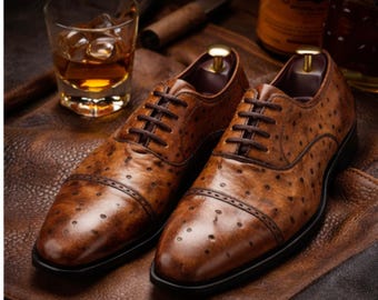 Men's Ostrich Leather Oxford Shoes – Handmade Cap Toe Dress, Formal Wedding Groom