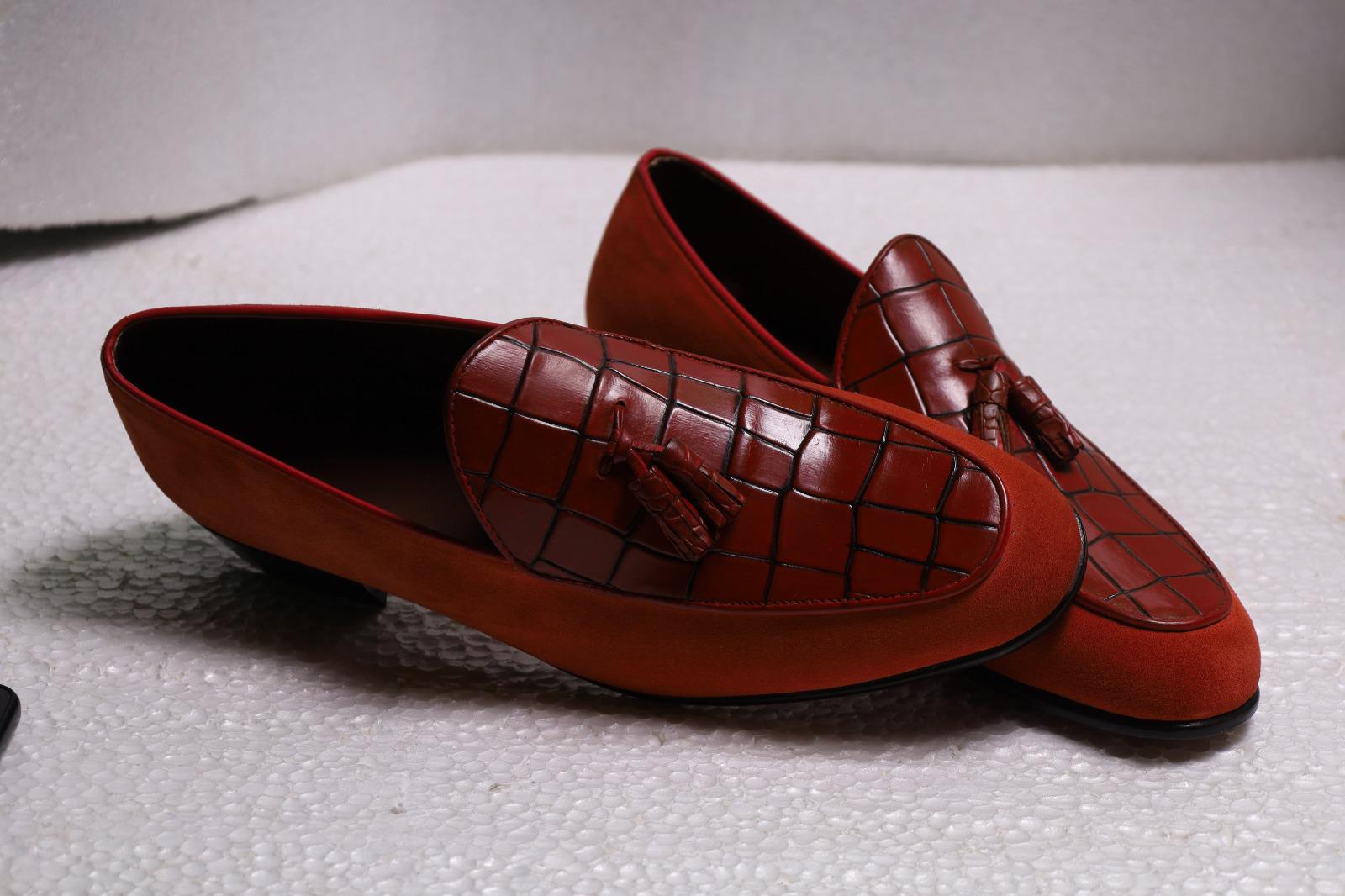 Handmade Burnt Orange Suede Loafers | Crocodile Embossed 