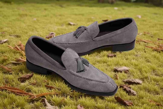 Grey handmade perforated slip on with tassel Gray Velvet Black Tassel Formal Loafer - Merlutti main image 2