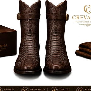 Handmade Men's Brown Leather Western Cowboy Boots Python Texture Mid-Calf Boots