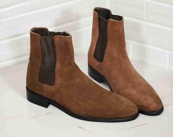 Handmade Brown Suede Chelsea Boots – Leather Ankle Dress Boots