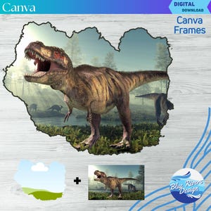 Könnte beinhalten: Ein digitaler Download-Rahmen mit einem grünen, braunen und grauen Tyrannosaurus Rex-Dinosaurier in einer Waldlandschaft. Der Rahmen ist für die Verwendung mit Canva, einer Grafikdesign-Plattform, konzipiert. Der Text "Canva Frames" wird in der oberen rechten Ecke des Bildes angezeigt.