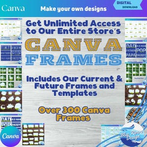 May include: A digital download for Canva featuring over 300 frames and templates. The image shows a collage of different frames with text that says "Get Unlimited Access to Our Entire Store's Canva Frames".