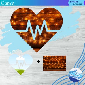 May include: A digital download of a heart-shaped image with a wood background and string lights. The heart has a blue heartbeat graphic. The image is separated into two parts: a heart with a blue sky and green grass, and a wood background with string lights.