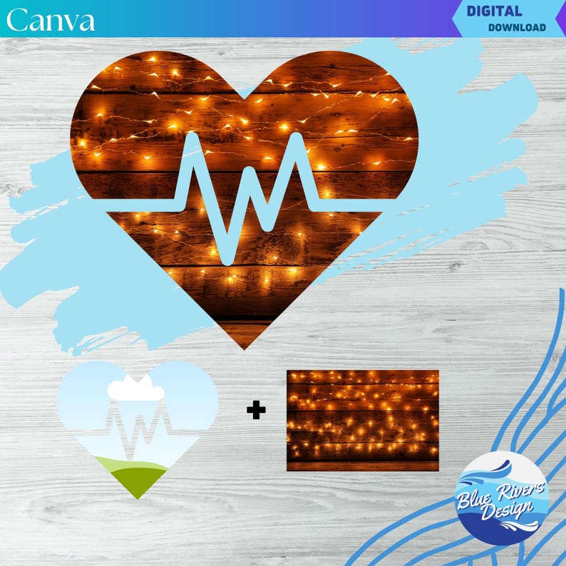 May include: A digital download of a heart-shaped image with a wood background and string lights. The heart has a blue heartbeat graphic. The image is separated into two parts: a heart with a blue sky and green grass, and a wood background with string lights.