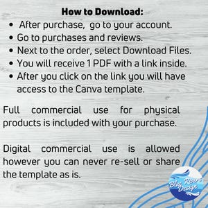 May include: A text-based image with instructions on how to download a digital product. The instructions include steps on how to access the product after purchase, including going to your account, purchases and reviews, and selecting Download Files. The image also states that the product includes full commercial use for physical products and that digital commercial use is allowed, but the template cannot be re-sold or shared.