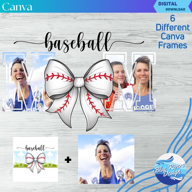 May include: A digital download of six baseball-themed Canva frames. The frames feature a white bow with red stitching, a baseball-themed design, and space for photos. The text "baseball" is written in a cursive font above the bow.