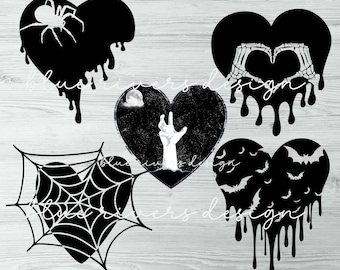 Halloween Heart Clipart: Spider, Bat, Grunge (Digital Download)