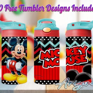 May include: Three colorful water bottles featuring Mickey Mouse designs. Each bottle has a red top and a teal flip-top lid. The bottles have black and red patterns with the words "Mickey Mouse" and "Mickey Mouse" printed on them.