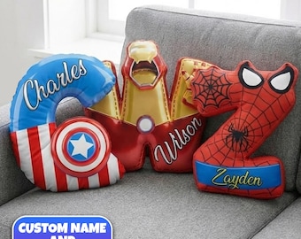 Personalized Superhero Letter Pillow, Custom 3D Super Hero Name Pillow, Kids Superhero Pillow Gift for Boy or Girl, Baby Shower Decor