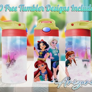 Princess Cartoon 12oz Kids Flip Top Sippy Cup PNG, Princess 12oz Sippy cup Tumbler Png, Kids Princess 12oz Tumbler Wrap, Commercial Use