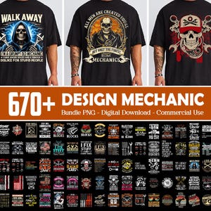 Puede incluir: Una colección de más de 670 archivos de diseño digital para camisetas con gráficos de temática mecánica. Los diseños incluyen varios lemas, ilustraciones y motivos de calaveras. Los diseños son perfectos para crear ropa personalizada para mecánicos, entusiastas de los automóviles y cualquier persona que ame trabajar con sus manos.
